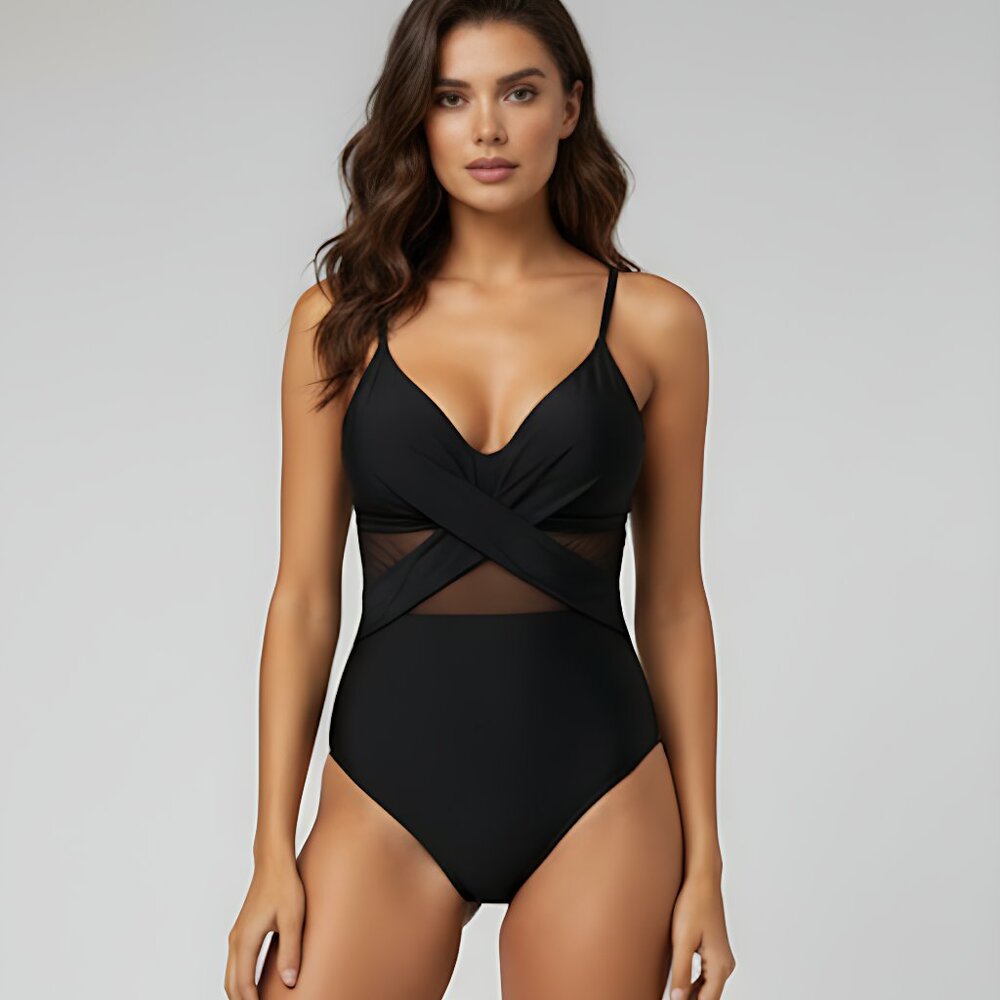 Black Contrast Mesh Wrap Front One Piece Swimsuit - Picture 5 of 5